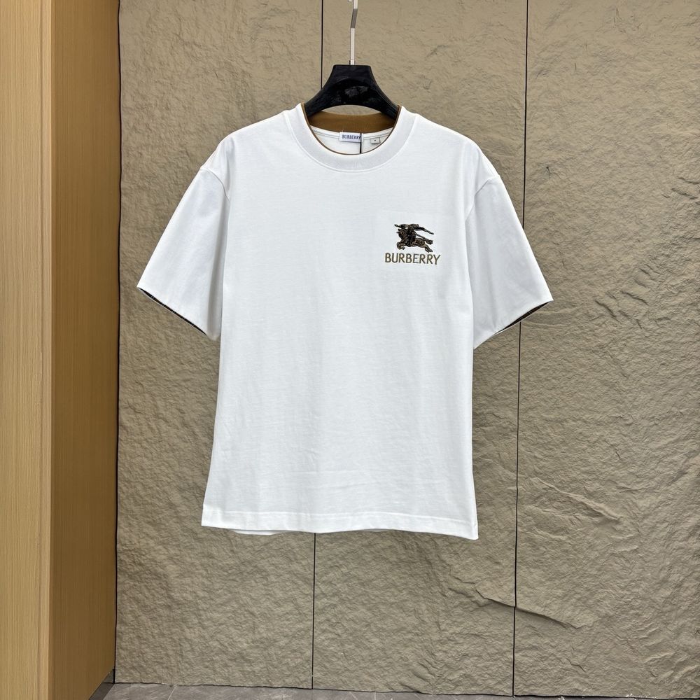 Burberry Embroidered Logo White T-Shirt With Check Trim Burberry Embroidered Logo White T-Shirt With Check Trim